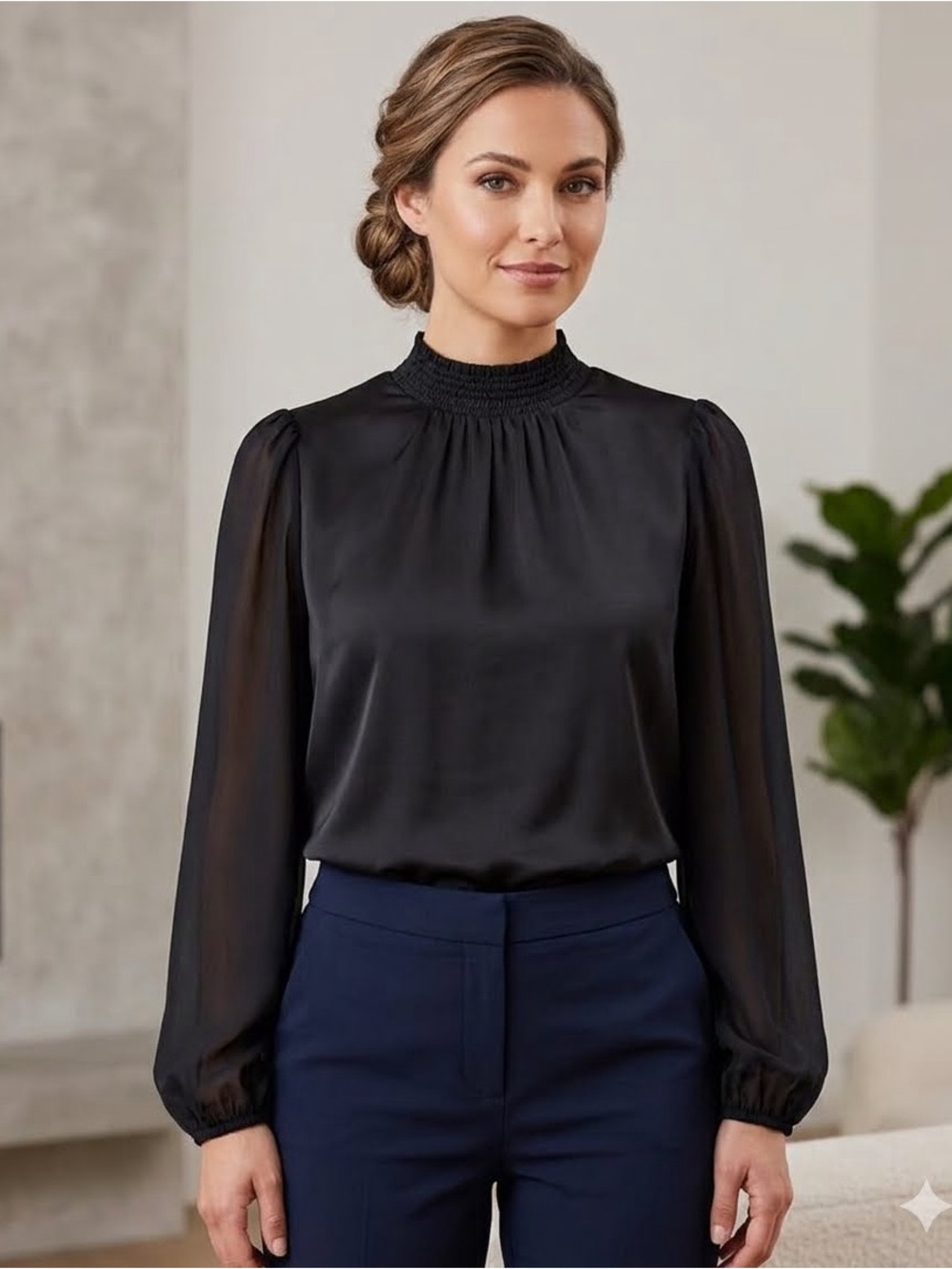 Ever New Black Mock Neck sheer sleeve blouse- size 4